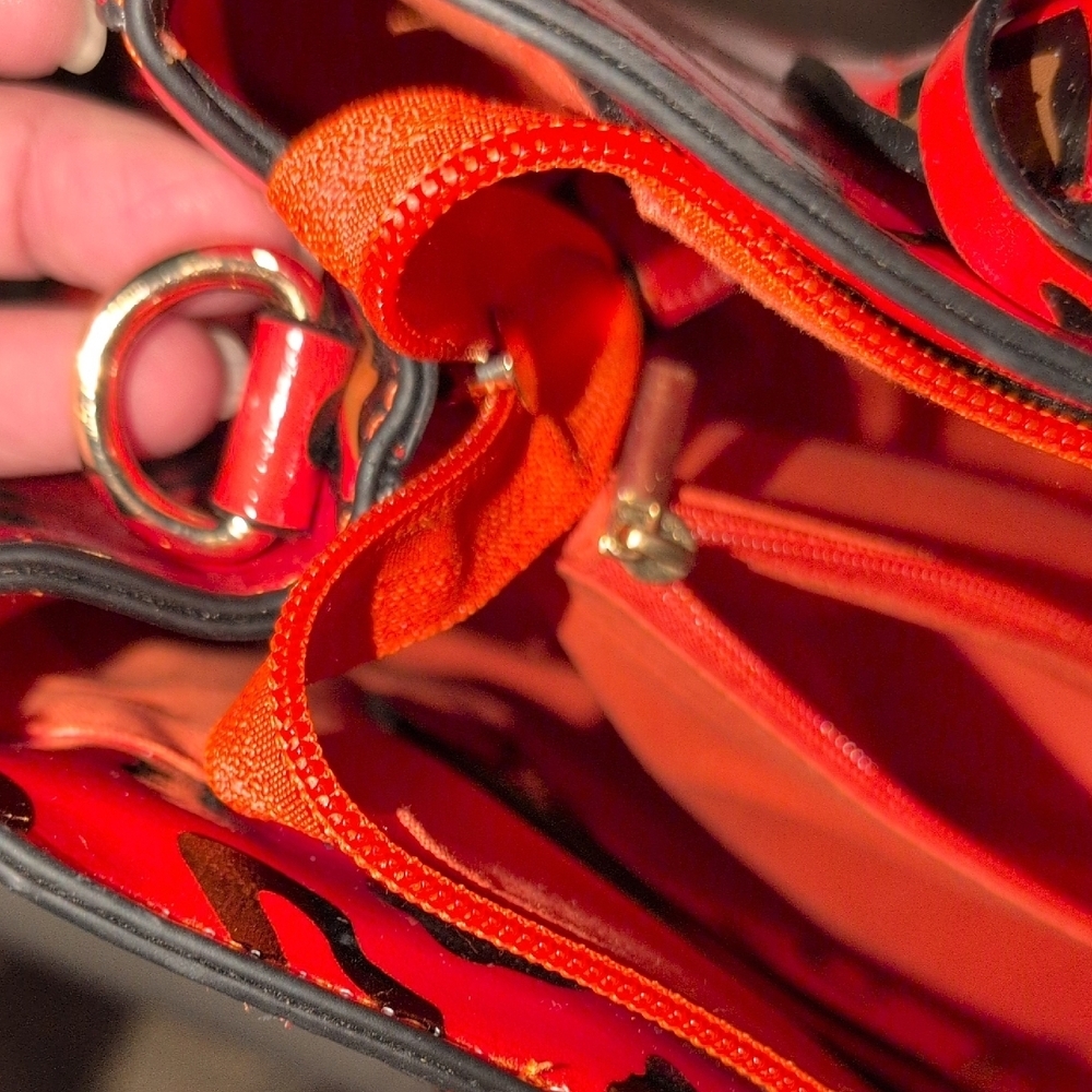 Orange Leopard Print Satchel with Bee Accent - Picture 14 of 15